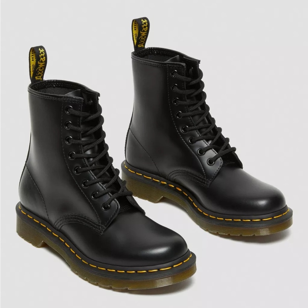 Dr. Martens Black Leather Lace-Up Boots with Yellow Stitching 1460 W